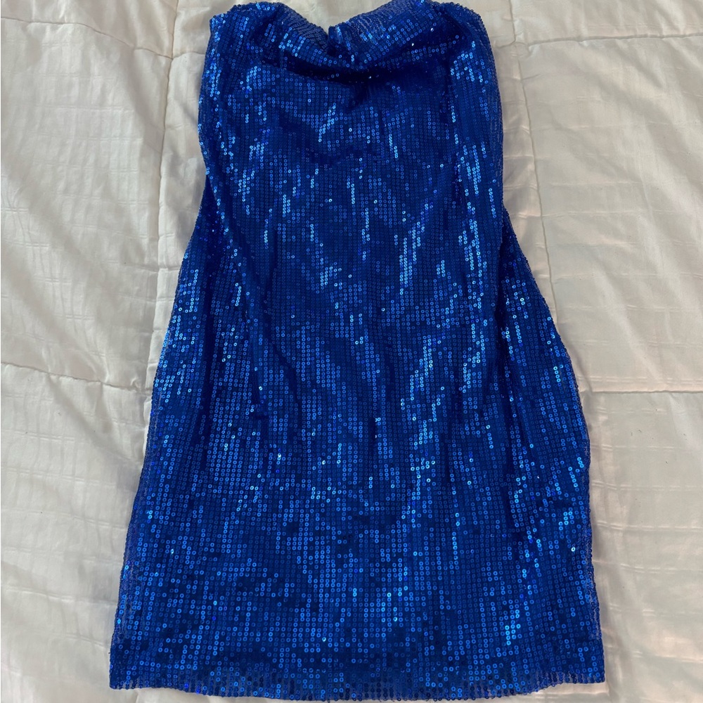 strapless open back blue homecoming dress